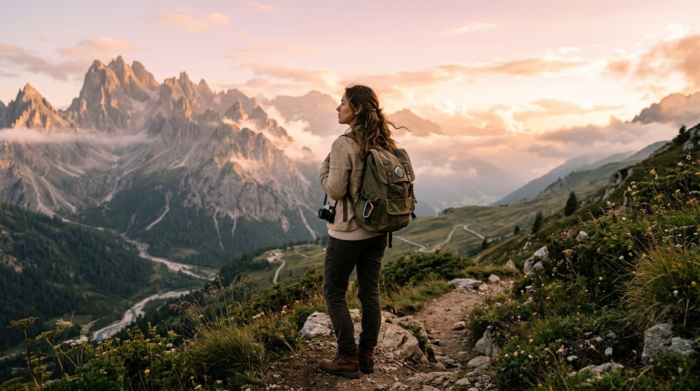 Solo traveler looking over mountain peaks