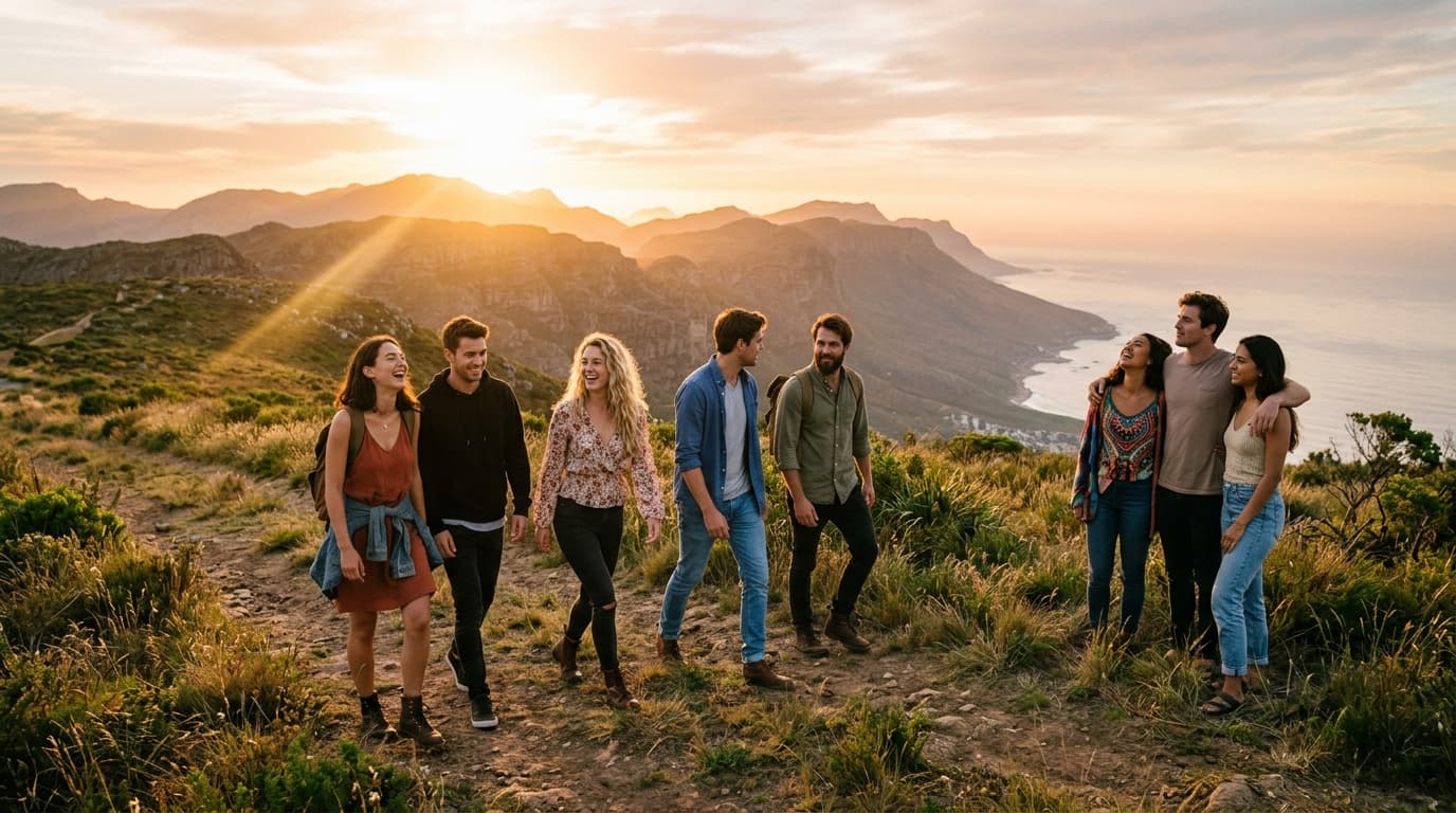 Friends outdoor hiking at golden hour